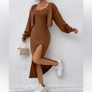 Brown midi dress with slit and matching jacket
